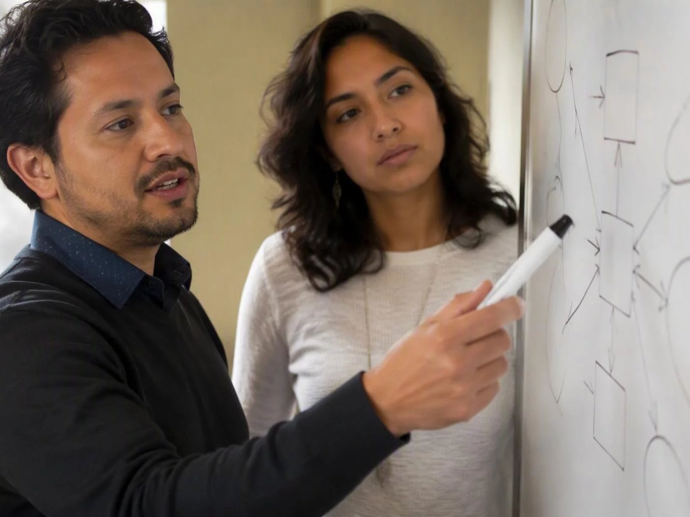 Dos personas trazando en la pizarra la estructura de un argumento