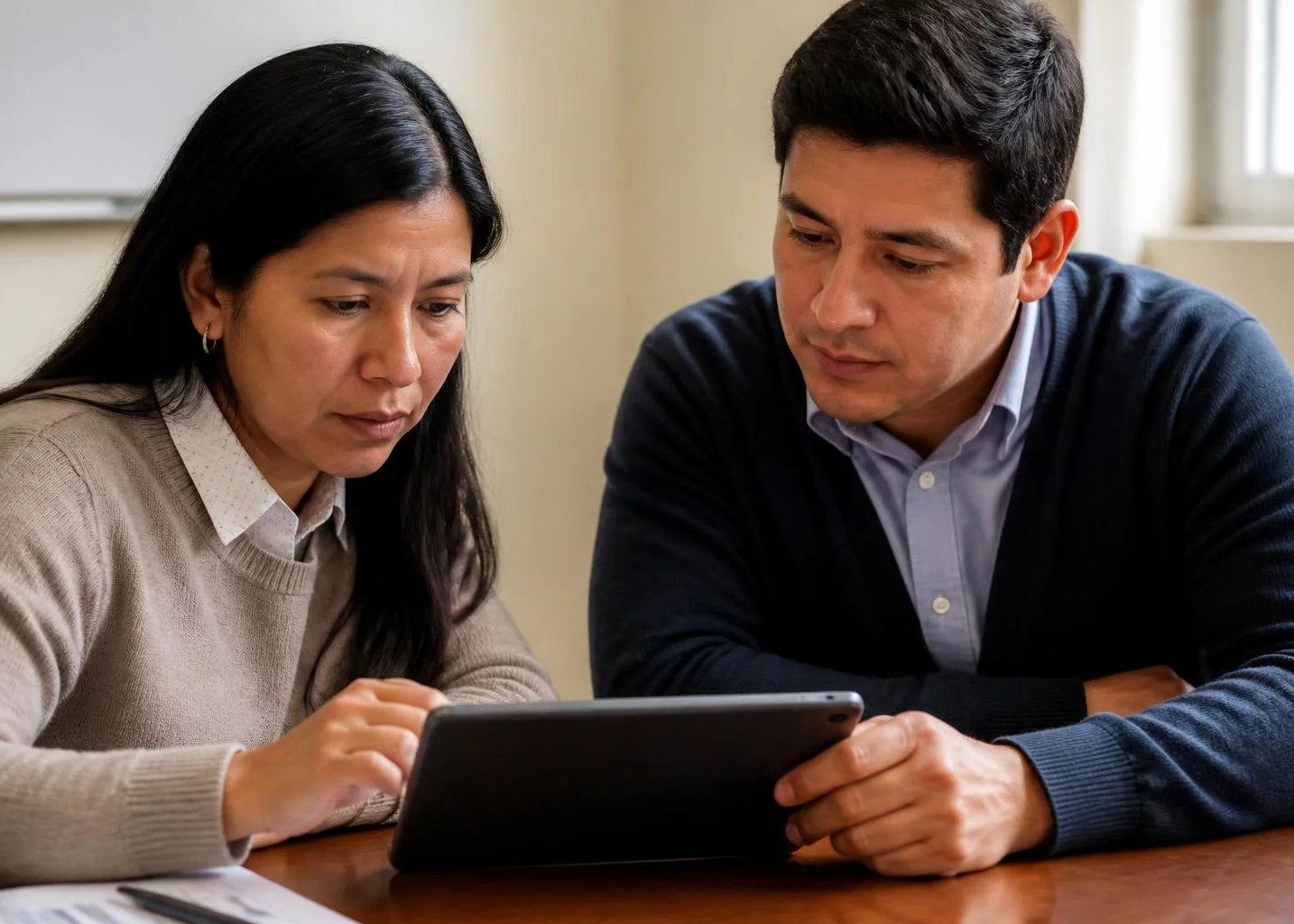 Dos colegas consultando sus notas en una tablet