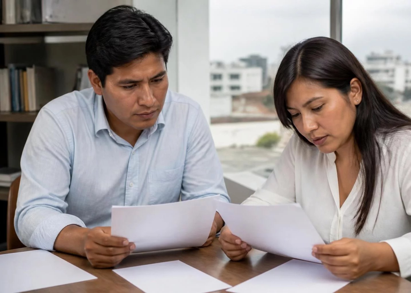 Dos personas repasando páginas impresas de argumentos