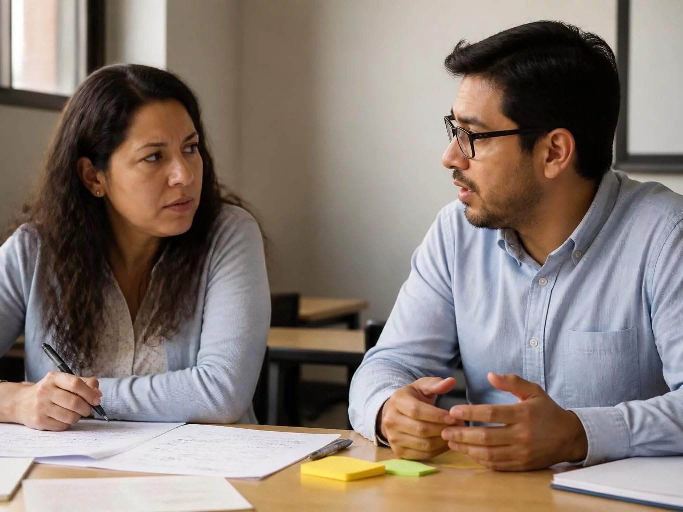 Dos personas revisando apuntes impresos sobre la mesa
