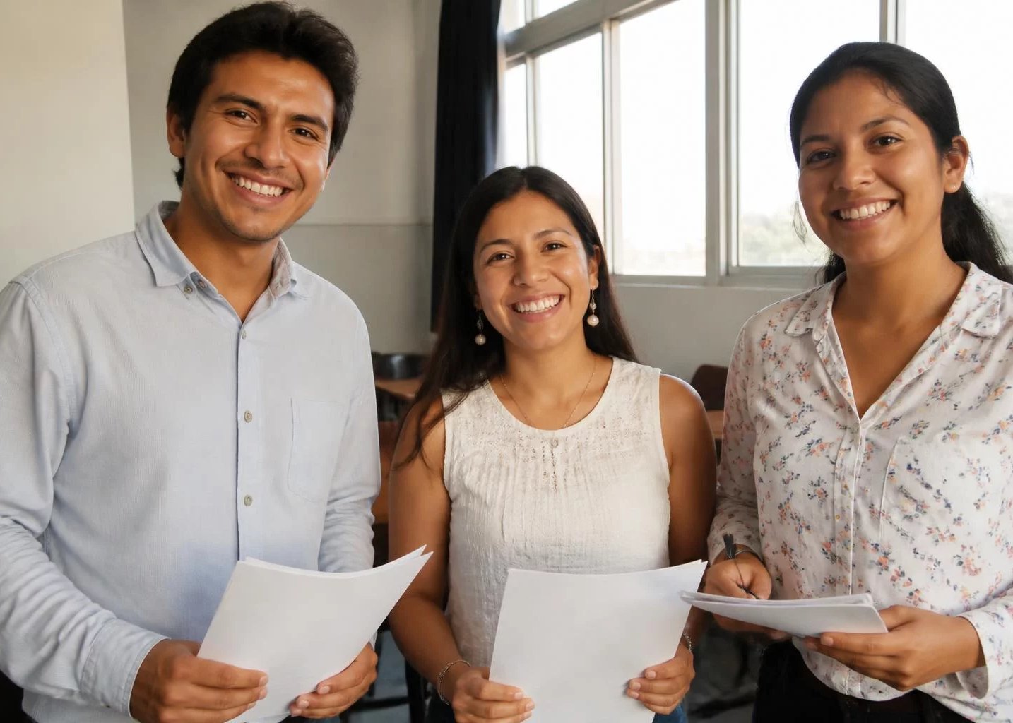 Tres adultos con sus apuntes, al cerrar la sesión